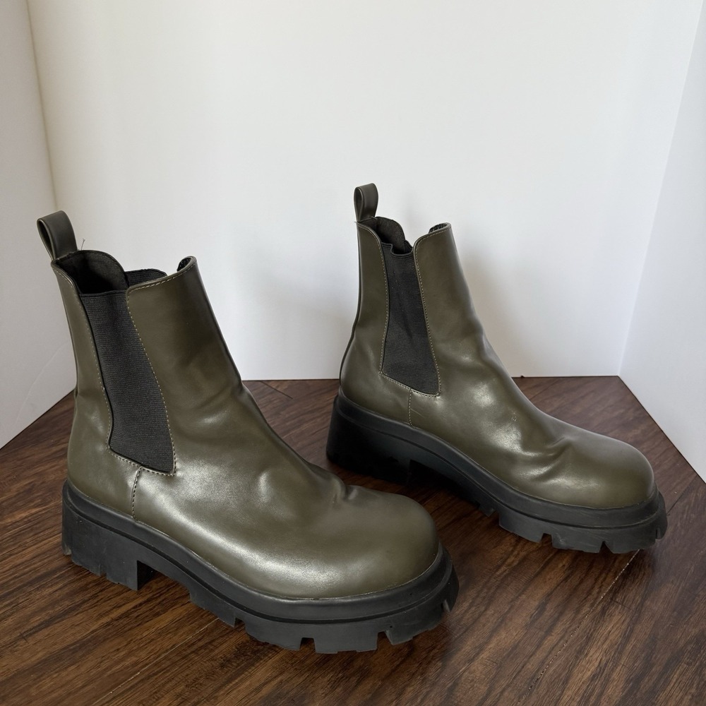 ZARA Boots Womens 9 Green Pull On Chunky Chelsea Platform Slip On Ankle‎ Shoes